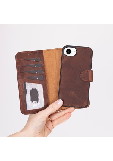 İphone 16e Uyumlu, Hakiki Deri, El Yapımı, Cüzdanlı Kılıf, Antik Kahve Kahverengi