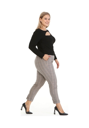 Ekose Arka Beli Lastikli Pantolon