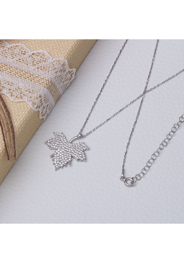 Çınar Yaprağı Model Zirkon Taşlı 925 Ayar Gümüş Kadın Kolye Gümüş - Rodyum