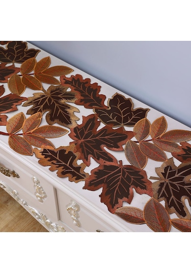 Skycity Kahverengi Akçaağaç Yaprak Desenli Noel Bayramı Şefaf Dikişli Polyester Masa Örtüsü 35x220 Cm Sonbahar Kürkü Ve Balıkçı Kabak Desenli