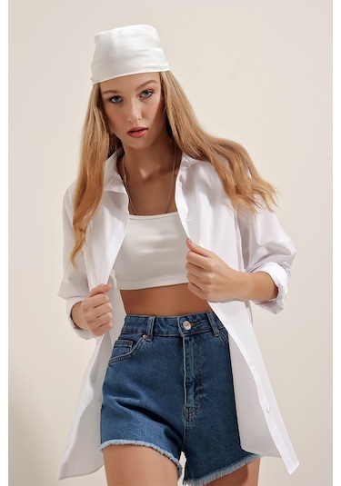Bigdart 3900 Oversize Uzun Basic Kadın Gömlek Beyaz