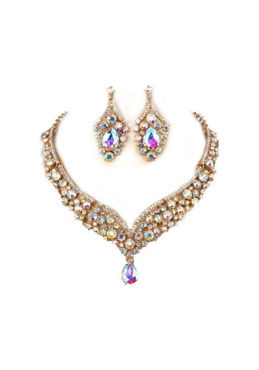 Altın 1 Takım Gelin Küpe Kolye Su Damlası Şeklinde Rhinestones Takı Geometrik Ayarlanabilir Takı Seti Düğün İçin Altın