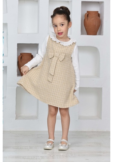 Kız Çocuk Şanel Kumaş 2'li Elbise Elbise+bady Bluz 12174 KREM