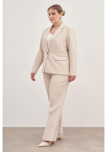 Astarlı Tek Düğmeli Blazer-1758-krem Krem