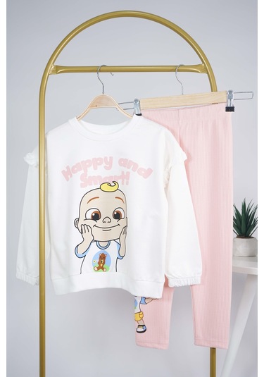 Kız Çocuk Happy And Smart Baskılı Pamuk Taytlı Takım Ekru