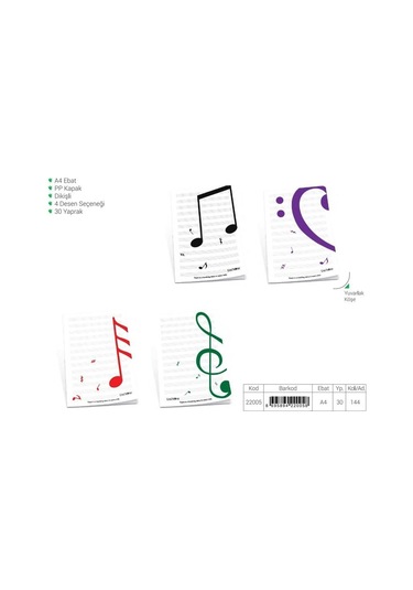 Çınar Pp Kapak A4 Dikişli 30 Yaprak Müzik Defteri 12'li Paket