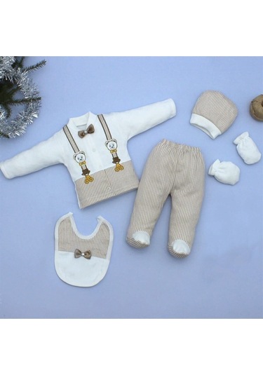 Bombinoo Kahverengi Ayıcıklı Kahve Papyonlu Yenidoğan Bebek 5 Li Hastane Çıkış Seti K2151 Kahverengi