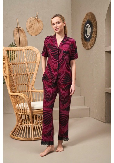 Pjs 25140 Kadın Yakalı Düğmeli Desenli Kısa Kollu Pijama Takım Bordo