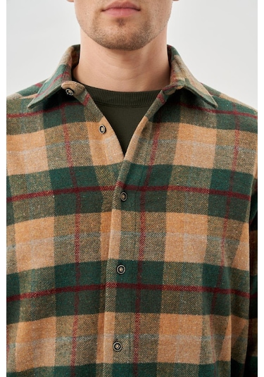 Camel Yünlü Ekose Desen Yumuşak Yaka Cepsiz Uzun Kol Casual Comfort Fit Gömlek 1004245227 Camel