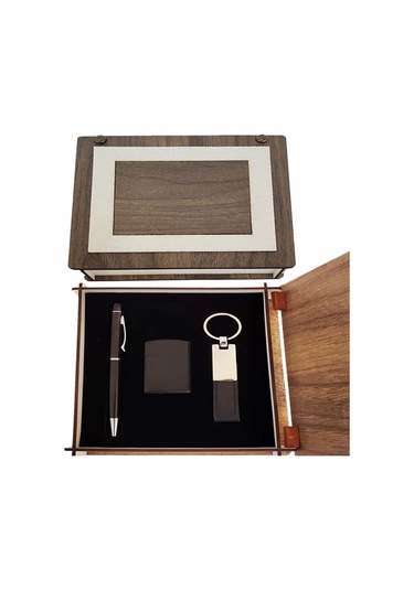 Özel Ahşap Kutulu Siyah Anahtarlık Kalem Ve Çakmak Set Çok Renkli