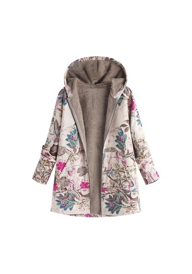 Yeni Kadın Yaprak Baskılı Kapşonlu Uzun Kollu Retro Ceket Sıcak Beyaz