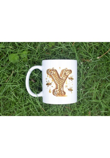 Y Harfi Bal Arısı Tasarım Kupa Bardak - Bal Ve Petek Desenli Kişiye Özel Kahve Kupası - Hediyelik Beyaz