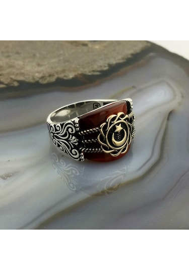 Fkgümüş Akik Taşlı Ay Yıldız Erkek Yüzük