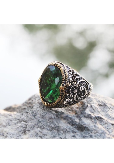 Hk Gümüş Erkek Yüzük Yeşil Zirkon Taşlı Gümüş Takı Hediyelik Ürünler-201123 Çok Renkli