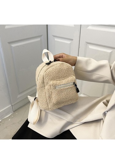 Vintage Kuzu Yünü Düz Renk Sırt Çantası Kadın Sonbahar Kış Mini Sırt Çantası Light Brown Açık Kahverengi