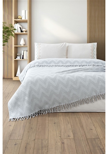 Waflfle Bağlama Saçaklı Çift Kişilik Pike Takımı-delfina-gri Grı Gri