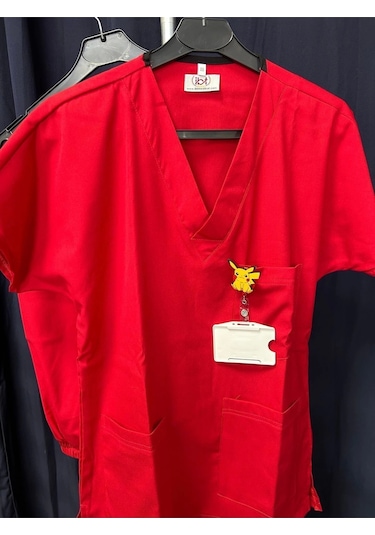Doktor Hemşire Scrubs Üniforma Ligralı Kırmızı