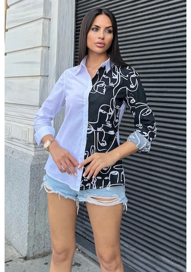 Kadın Beyaz Desenli İki Renkli Uzun Kol Regular Kesim Standart Boy Gömlek Beyaz