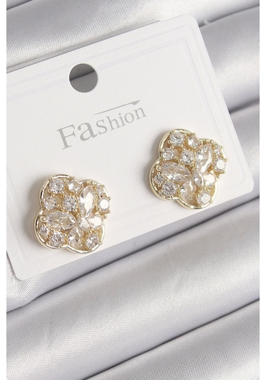 Pirinç Gold Renk Zirkon Taşlı Yonca Model Kadın Küpe Çok renkli