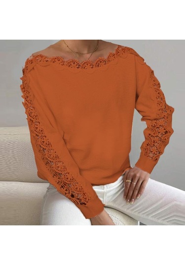 Vonda Kadın Sonbahar Dantel Yuvarlak Yaka Uzun Kollu Kazak Kazaklar Turuncu
