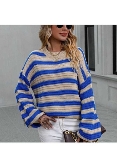 Tongxida Kadın Büyük Beden Kayısı Koyu Krem Çizgili Örgü Yuvarlak Yaka Sonbahar Kış Kazak Koyu Krem