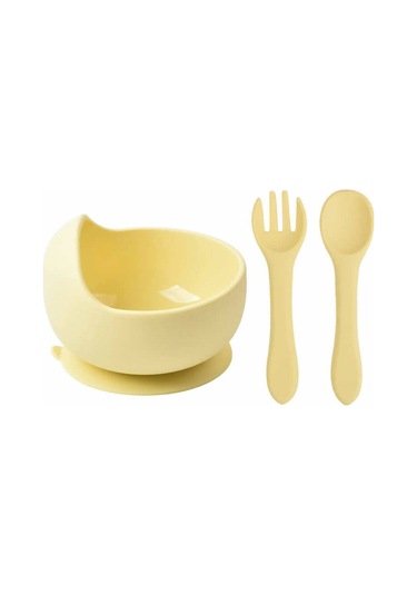 Jojobebek Silikon Vakumlu Kase, Silikon Çatal-kaşık, Silikon Pipetli Bardak, Çerez Kapağı, Önlük / Sarı