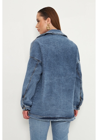 Oversize Kadın Jean Ceket Effect Orta Mavi