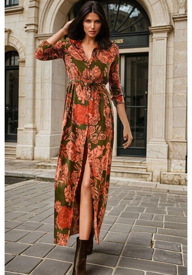 Haki Gömlek Yaka, Çiçek Desenli, Kuşak Detaylı, Uzun Elbise Haki