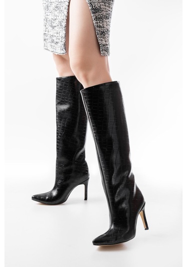 Syt-2004 Siyah Kroko Günlük Bayan Çizme Siyah