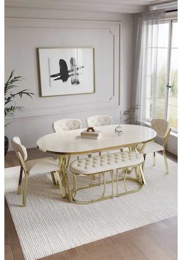 Mutfak Masası Takımı 6 Kişilik Masa Takımı Elma Avangarde Yemek Masa Takımı Benchli Gold