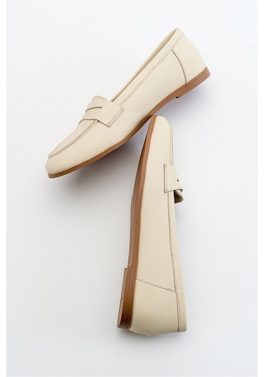 F02 Ekru Bej Cilt Hakiki Deri Kadın Babet Bej - Ekru