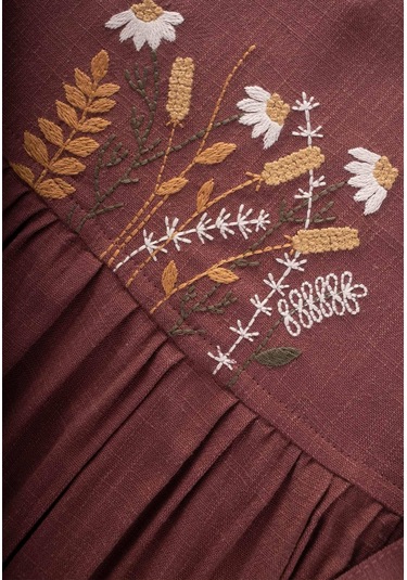 Cigit Nakışlı Yandan Bağlamalı Keten Elbise 2-7 Yaş Mürdüm MÜRDÜM