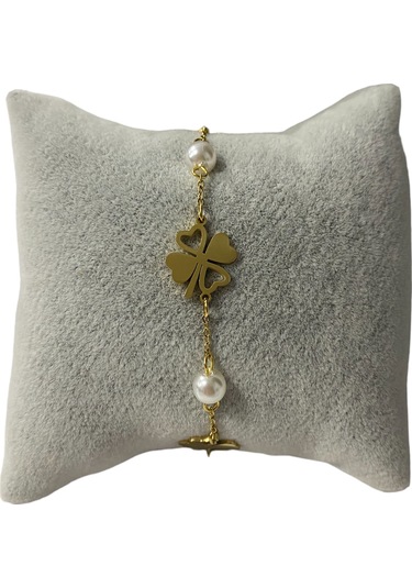 Çelik Yonca İnci Detaylı Altın Renk Kararmaz Bayan Bileklik Çelik