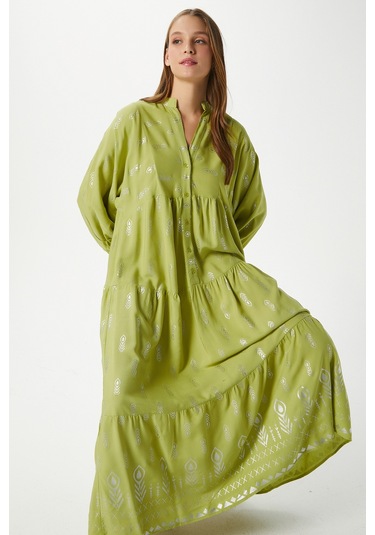 Modest Kadın Aliza Gümüş Detay %100 Viskon Yeşil Maksi Boy Yazlık Elbise Yeşilgümüş Çok Renkli