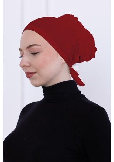 Fırfırlı Önden Dikişli Penye Bone - Kadın Tesettür Bağlamalı Topuz İç Bone-bordo Bordo