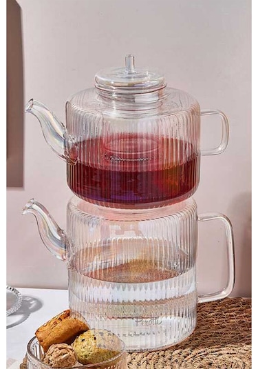 Perotti Tobby Line Luster Çizgili Borosilikat Cam Çaydanlık 1.1l + 1.75l 16801 şeffaf