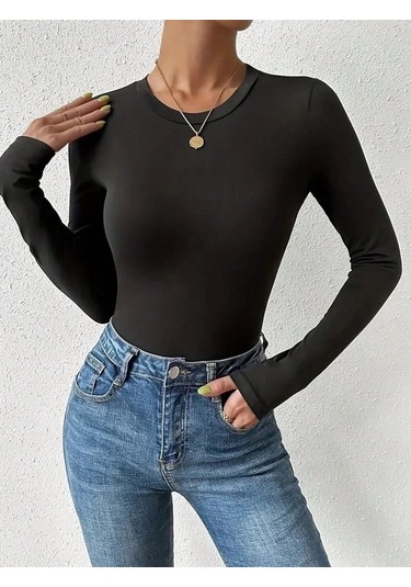 Kadın Uzun Kollu Bisiklet Yaka Süprem Bluz Siyah