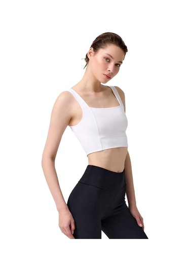 Krem Kare Yaka Crop Top Büstiyer Krem