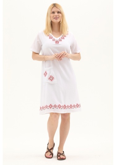 Şile Bezi Beyaz Kısa Kol Kruvaze Yaka Nakışlı Yazlık Midi Elbise