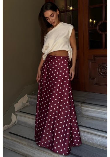 Madmext Bordo Puantiyeli Maxi Kadın Saten Etek Mg2725