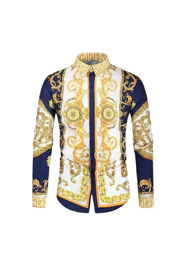 Cozy Up Erkek Casual Slim Fit Uzun Kollu Erkek Baskı Gömlek Lacivert