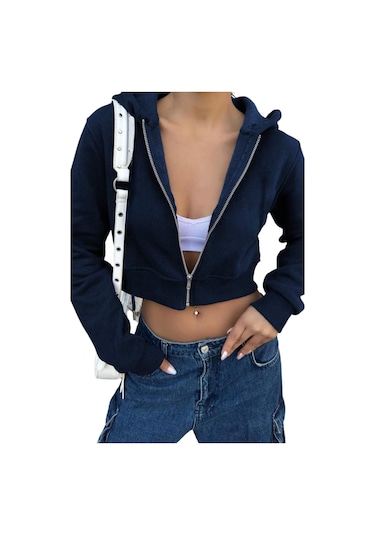 Lacivert Kadın Crop Fermuarlı Kapüşonlu Sweatshirt Lacivert