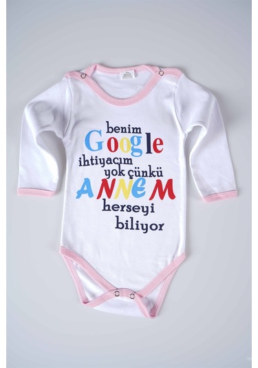 Yeni Sezon Google Annem Yazılı Bebek Çocuk Uzun Kol Pamuk Bady Zıbın Pembe