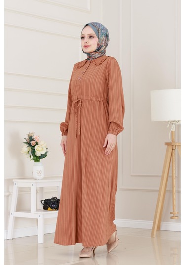 Yakası Güpür Nova Elbise-kiremit-5071 Yeşil