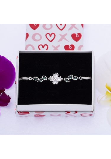 Nagiss Kalp Yonca Sarmaşık Model Yeşil Zirkon Taşlı 925 Ayar Gümüş Kadın Bileklik