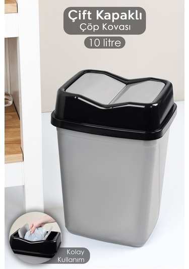 Çift Kapaklı Plastik Çöp Kovası - Ev Ofis Banyo Mutfak Çöp Kovası Gri 10 Litre Gri