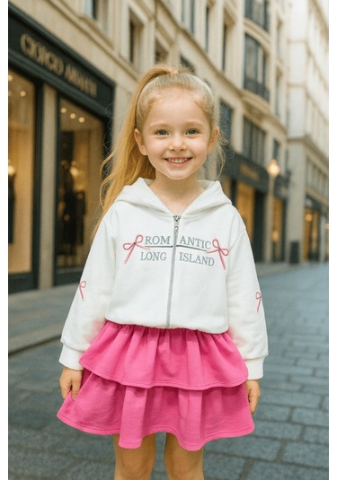 2-10 Yaş Romantik Sweat Etek Kız Çocuk Takım Pembe Pembe