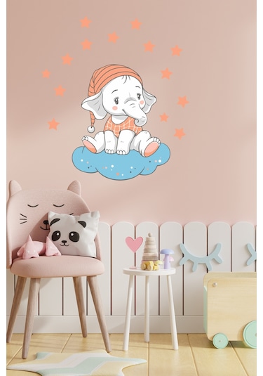 Bulutta Oturan Sevimli Fil ve Yıldızlar Çocuk Odası Duvar Sticker