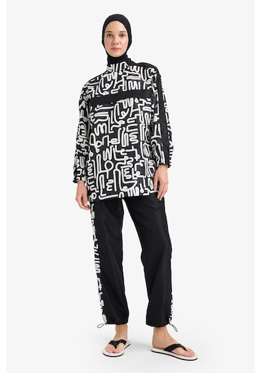 DeFacto Regular Fit Su İtici 3'lü Desenli Burkini Tesettür Mayo Takım E7996AX25HSBK81