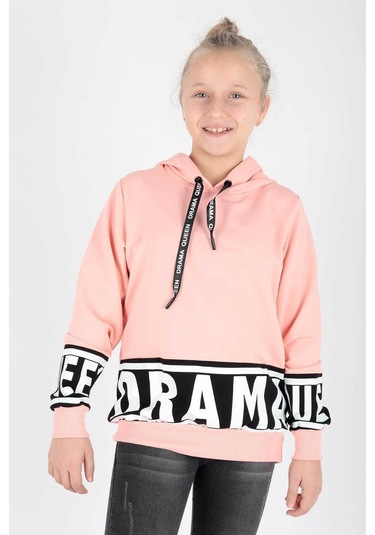 Ahengim Kız Çocuk Drama Baskılı Kapüşonlu Sweatshirt Ak13433 Somon